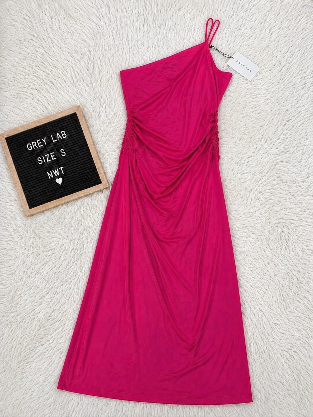Grey Lab Hot Pink One Shoulder Midi Dress NWT Size S Ruched Stretch Bodycon